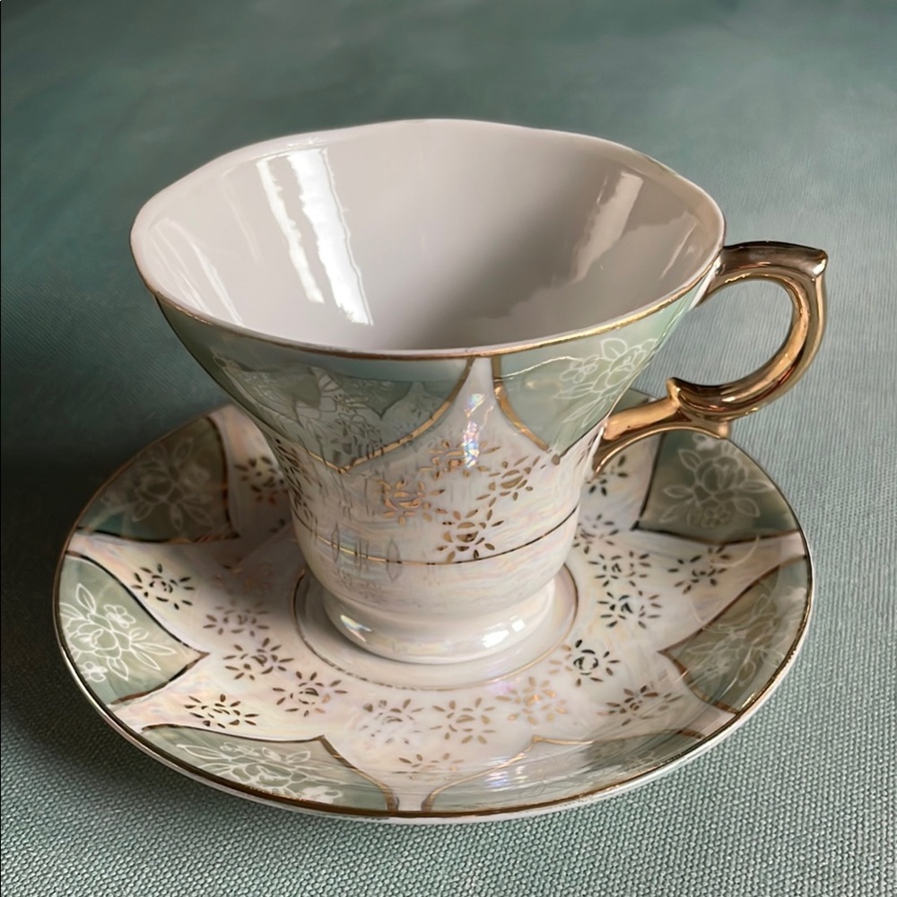 Vintage MCM Iridescent Lusterware Tea Cup with Saucer Japan